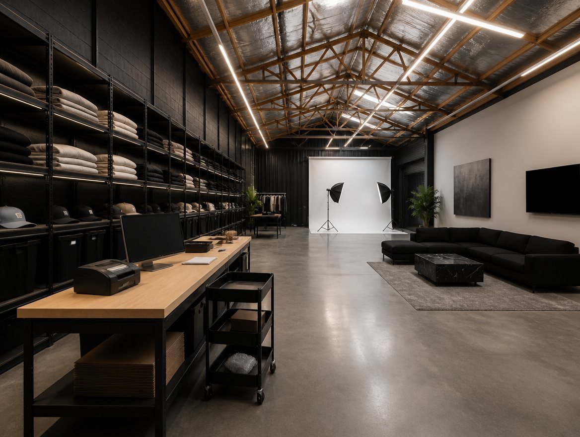 The fulfilment floor: racks of folded apparel and caps beside a packing station on polished concrete
