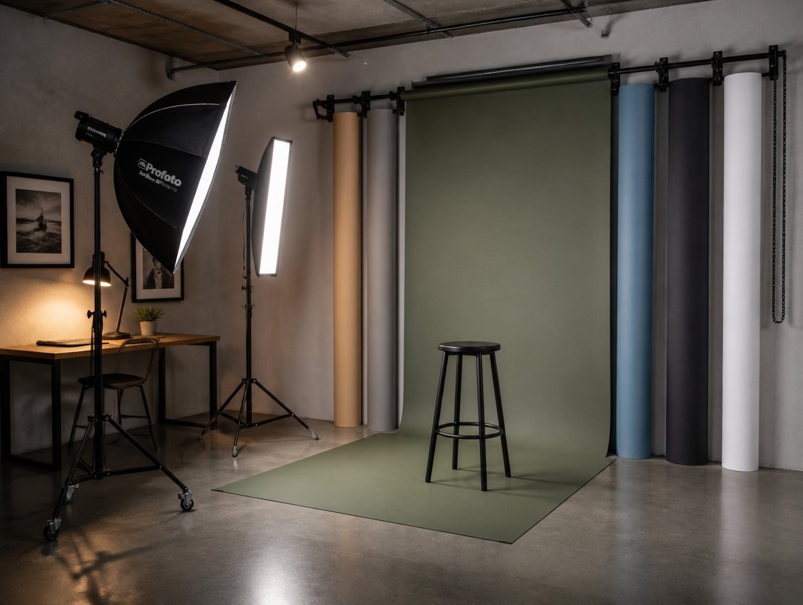 Studio A: a wall rack of seamless paper backdrops in six colours, one rolled down onto the floor