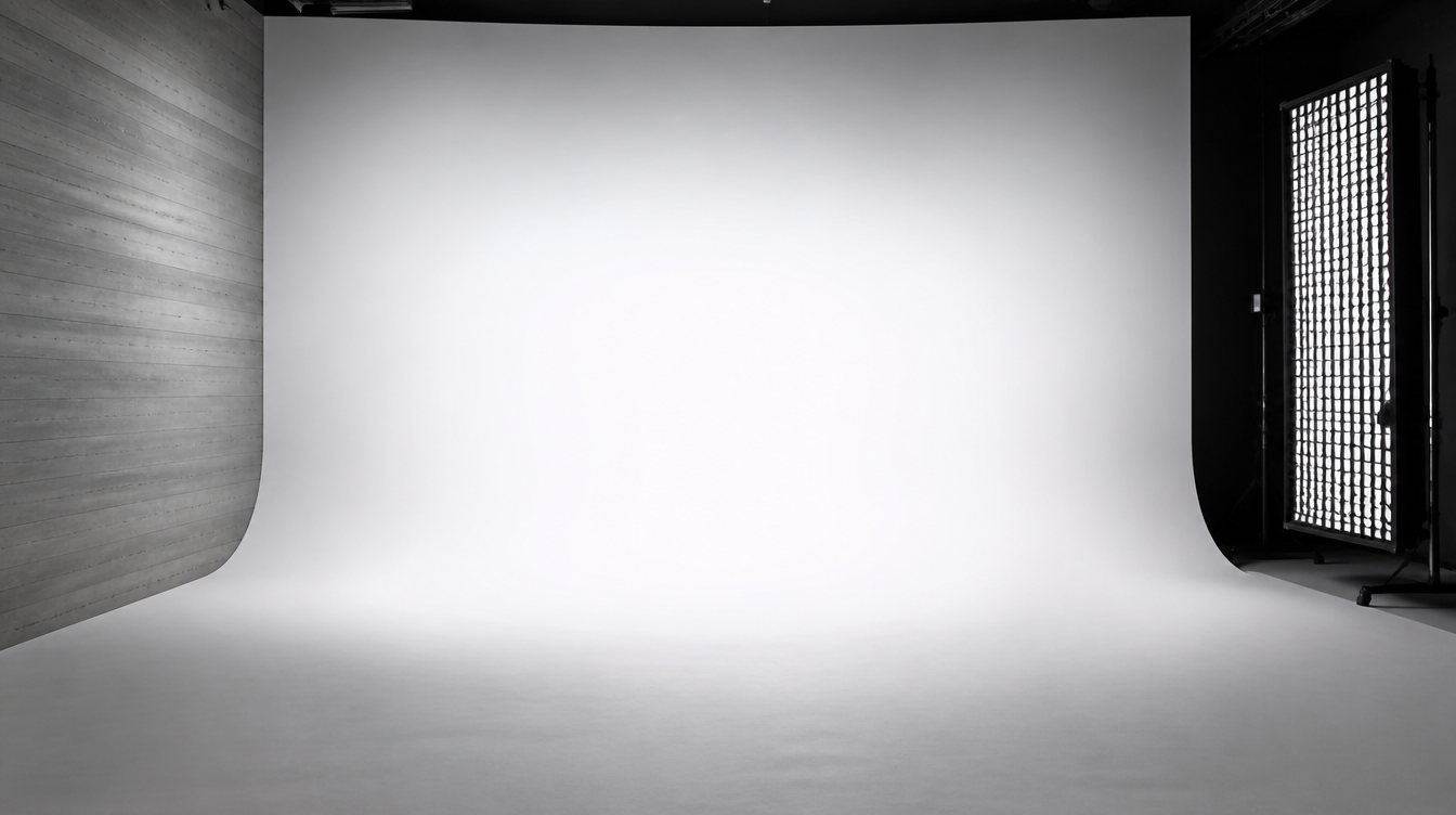 The main studio: a white cyclorama wall curving into the floor between a concrete wall and a honeycomb grid panel